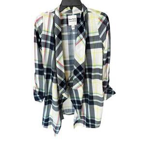 FRENCH LAUNDRY yellow blue plaid roll tan sleeve open front cardigan NWT SZ M